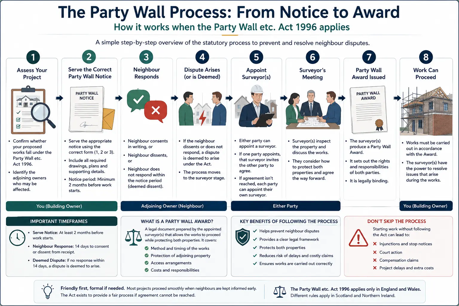 Do I Need a Party Wall Agreement? An infographic showing the party wall process from notice to award in a very interactive way for the citizens living in Windsor, UK