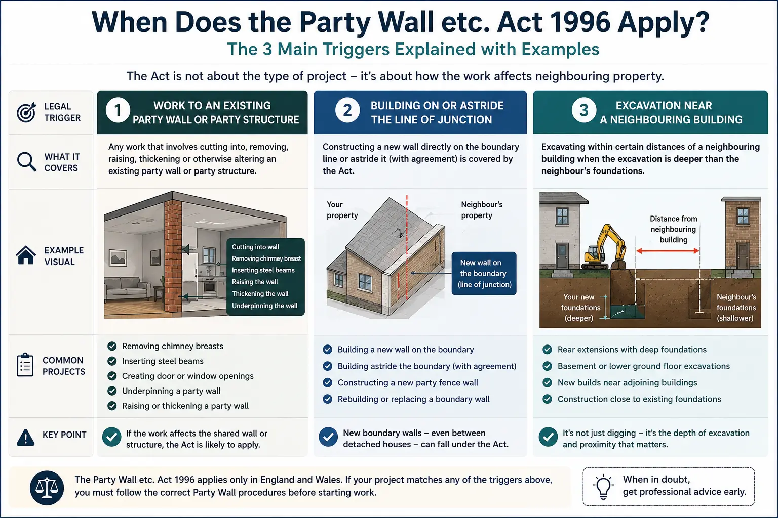 Do I Need a Party Wall Agreement? An infographic showing when does the party wall etc act 1996 apply like excavation, junction, painting, in Windsor, UK